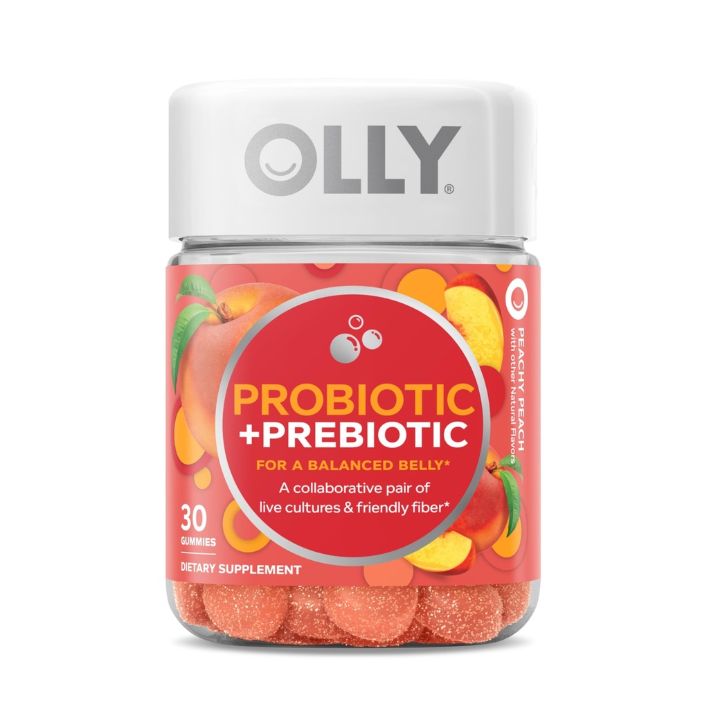 OLLY Probiotic + Gummy prébiotique, 500 millions d'UFC, FOS, Supplément à croquer pour adultes pour les hommes et les femmes, Saveur de pêche, 30 jours - 30 comtes