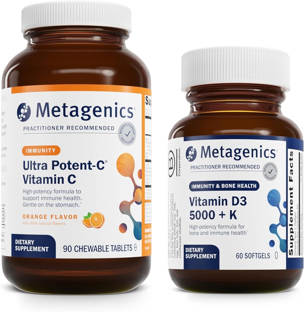 Metagenics Bundle - Ultra Potent-C Chewable & D3 5,000 + K - 90 Tablets of Ultra Potent-C Chewable for Immune & Antioxidant Support - 60 Softgels of D3 5,000 + K for Immune, Heart & Bone Health