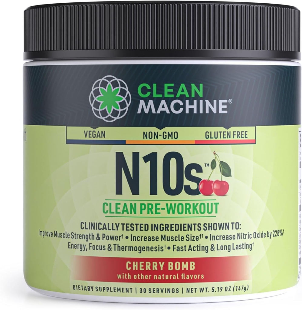 MACHINE CLEAN N10s Poudre de pré-entraînement végétale - Supplément énergie végétalienne avec 3 ingrédients brevetés testés cliniquement pour la taille, la résistance, la pompe et l'endurance musculaires - Non-OGM, 30 portions