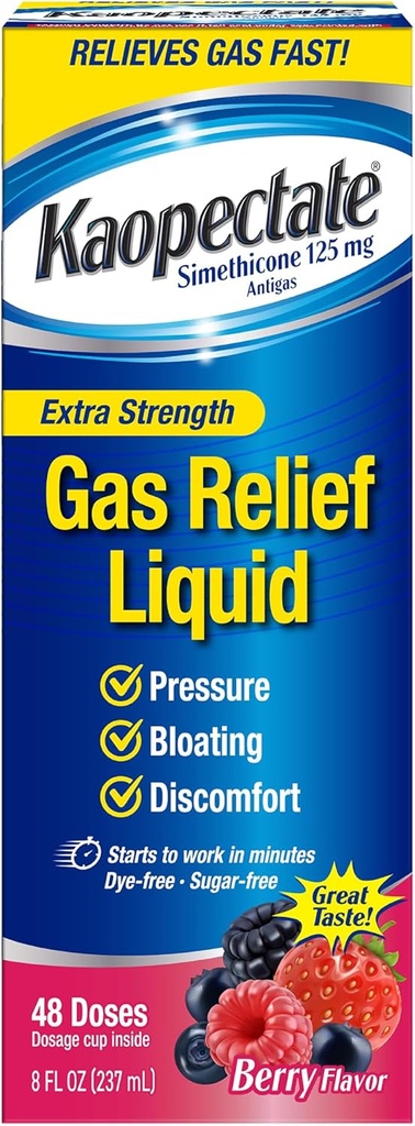 Kaopectate Extra Strength Gas Relief Liquid, mélange d'arôme de baies, soulage le gaz, le ballonnement et la pression, Siméthicone 125 mg, 8 oz