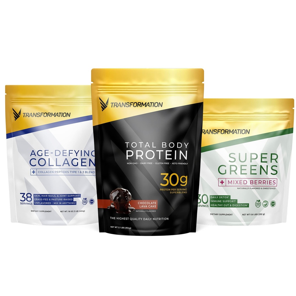 Transformation Chocolate Protéine Poudre de 30G Multi-Protéine Super-Lend+ Herbacé Hydrolyzed Collagène Peptides Poudre- Cheveux, Peau, Nails+ Bio Super Greens Poudre- Immune & Energy Support