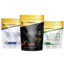 Transformation Chocolate Protéine Poudre de 30G Multi-Protéine Super-Lend+ Herbacé Hydrolyzed Collagène Peptides Poudre- Cheveux, Peau, Nails+ Bio Super Greens Poudre- Immune & Energy Support