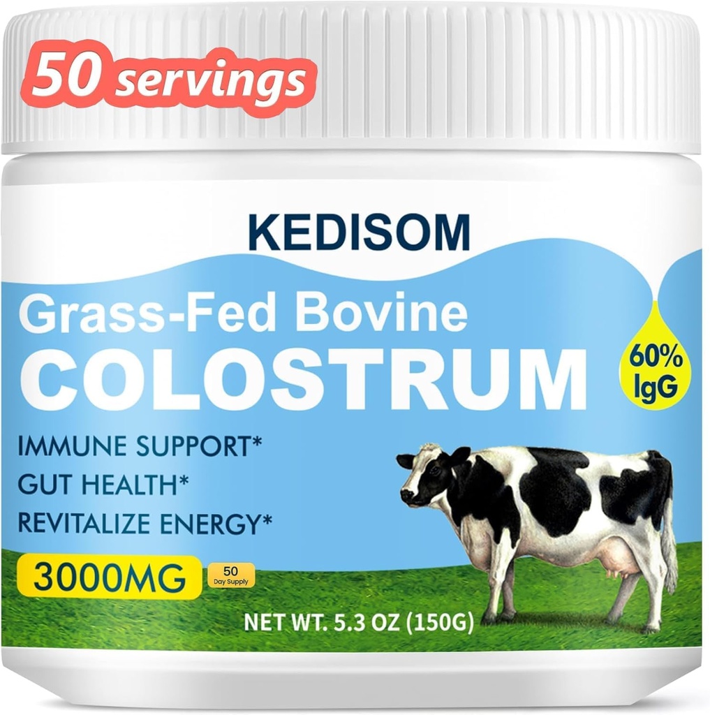 Poudre de supplément de colostrum bovin à l'herbe - 60% de haute IgG 3000 mg pour la santé de Gut, Immune Support - Facile à mélanger naturel de colostrum liposomique superfood, non aromatisé, 50 portions