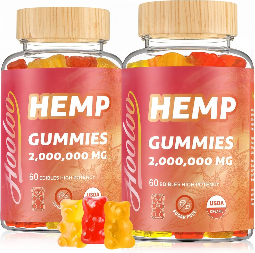 HOOLOO Hemp Gummies Extra Strength 2,000,000mg, Hemp Extract Sugar Free Gummy Bears Fruity, Made in USA