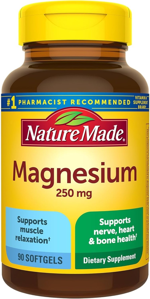 Nature Made Magnesium 250 mg, Magnesium Supplements for Men and Women, Support for Muscle, Heart, Bone and Nerve Health, 90 Softgels, 90 Day Supply