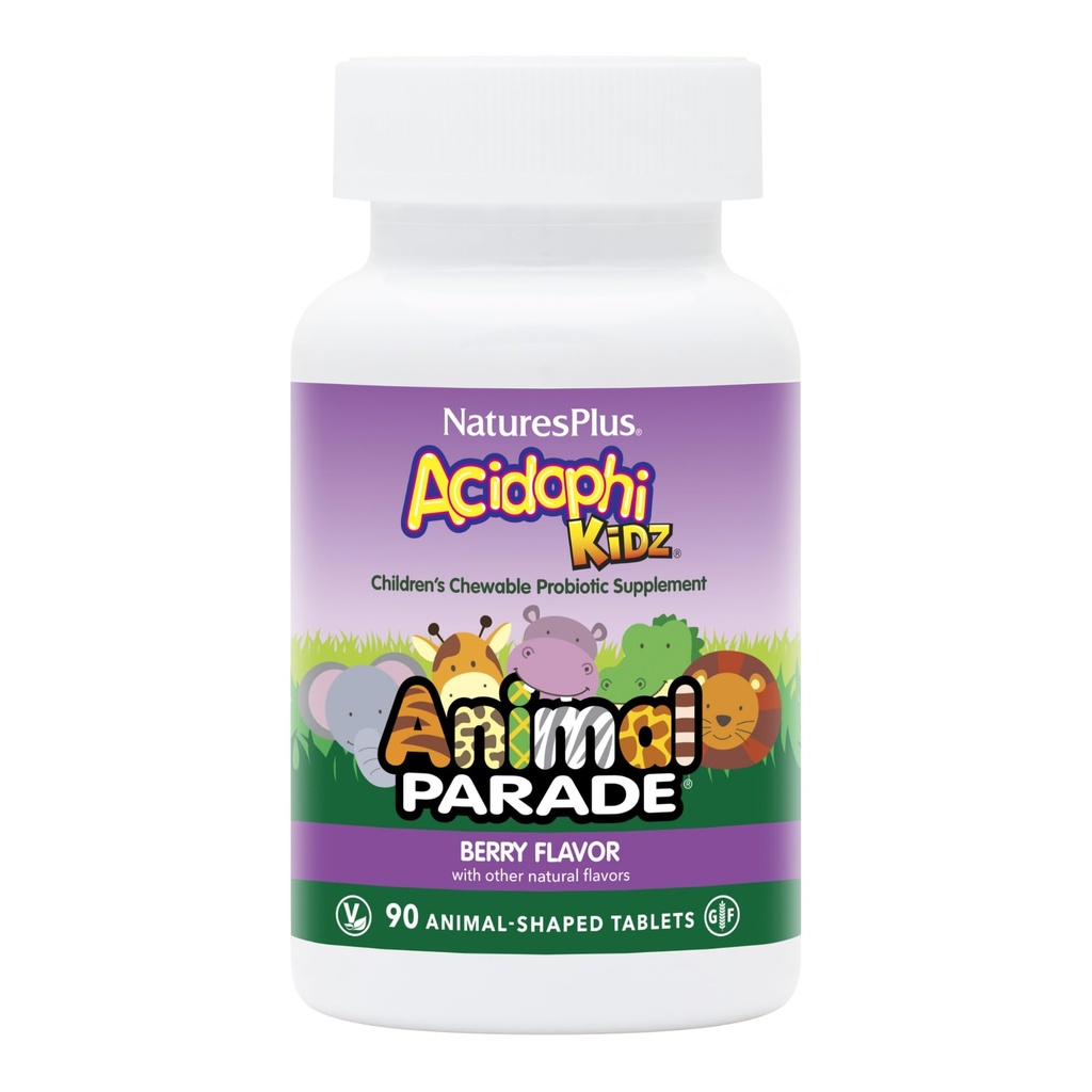 NaturesPlus Animal Parade AcidophiKidz, Berry Flavor - 90 Comprimés à mâcher, en forme d'animal - avec probiotiques, FOS et graines de raisin - 90 portions totales