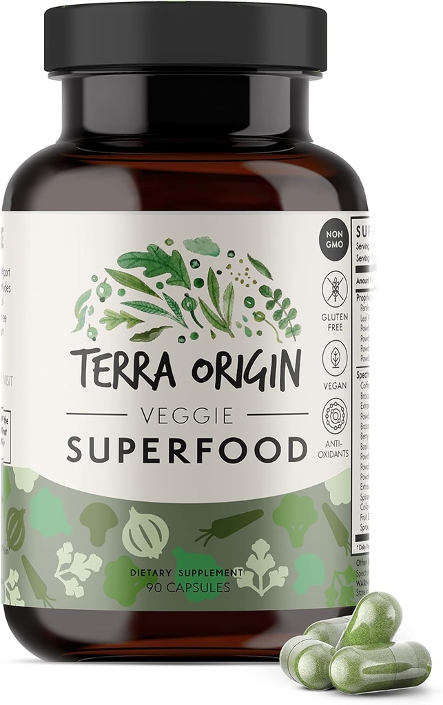 ORIGINAL TERRA Veggie Superfood Supplement de 90 capsules Veggie non OGM, sans gluten, végétalien et fabriqué aux États-Unis