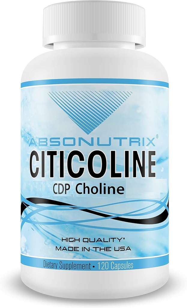 Absonutrix Citicoline CDP Choline 530mg, Supplément Nootropique, Certifié GMP, Testé en troisième partie, Facile à avaler, 120 capsules Veg, Améliore les compétences cognitives, Supporte la mémoire, Non-OGM, Fabriqué aux États-Unis