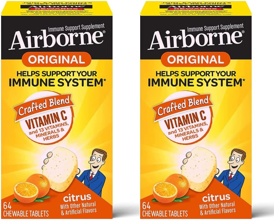 Vitamine C aéroportée 1000mg (par portion) - Comprimés à croquer d'agrumes (64ct/Box), Supplément de soutien immunitaire sans gluten, Vitamines A C E, ZINC, Sélénium, Echinacea, Ginger, Antioxydants (2-Pack)