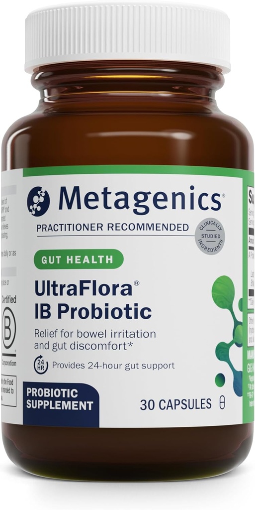 Métagène UltraFlora IB Probiotic - Soulagement de la détresse intestinale occasionnelle* - Probiotiques pour la santé digestive* - Anti-Bloat pour les hommes et les femmes* - 60 milliards CFU - Non-OGM, sans gluten - 30 capsules
