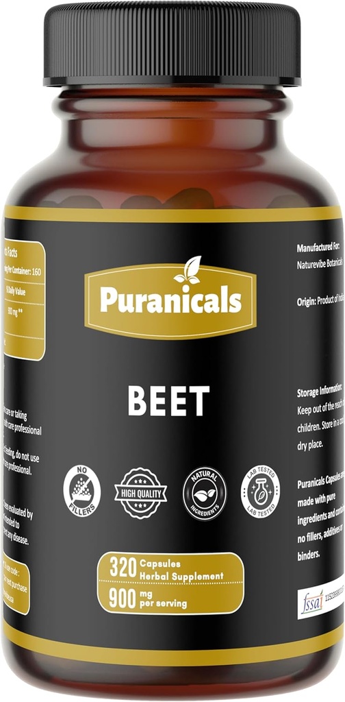 Beet Premium 320 Capsules Booster à Oxyde Nitrique $ Supplément à base de plantes $ 900 mg par portion $ Fabriqué avec 100% poudre de betterave pure (Beta Vulgaris)