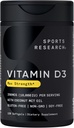 Recherche sportive 10 000 iu Vitamine D3 Supplément à l'huile de coco biologique - Vitamine D pour les os forts et la santé immunitaire - soutient l'absorption de calcium - Non-OGM - 250mcg, 120 Mini Softgels pour les adultes