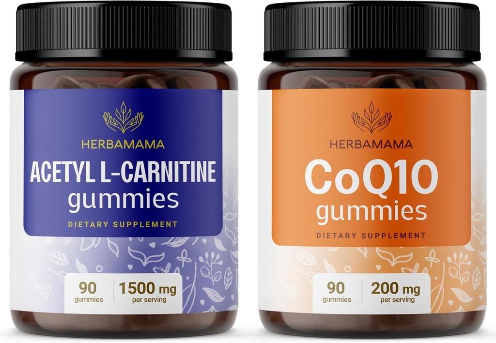 HERBAMAMA L-Carnitine and CoQ10 Kit - Bundle of 1500 mg Acetyl L-Carnitine & 200 mg Coenzyme Q10 Gummies - Vegan, Non-GMO, Gelatin-Free - 2 Pack