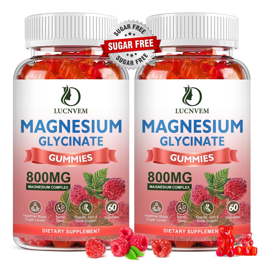 (2 Pack Glycinate de magnésium sans sucre, 500mg Glycinate de magnésium avec 200mg Malate de magnésium, Taurat, Oxyde, COQ10, Vitamine B6 et D3, Sommeil et Soutien Calme, 120 Gummées de framboises