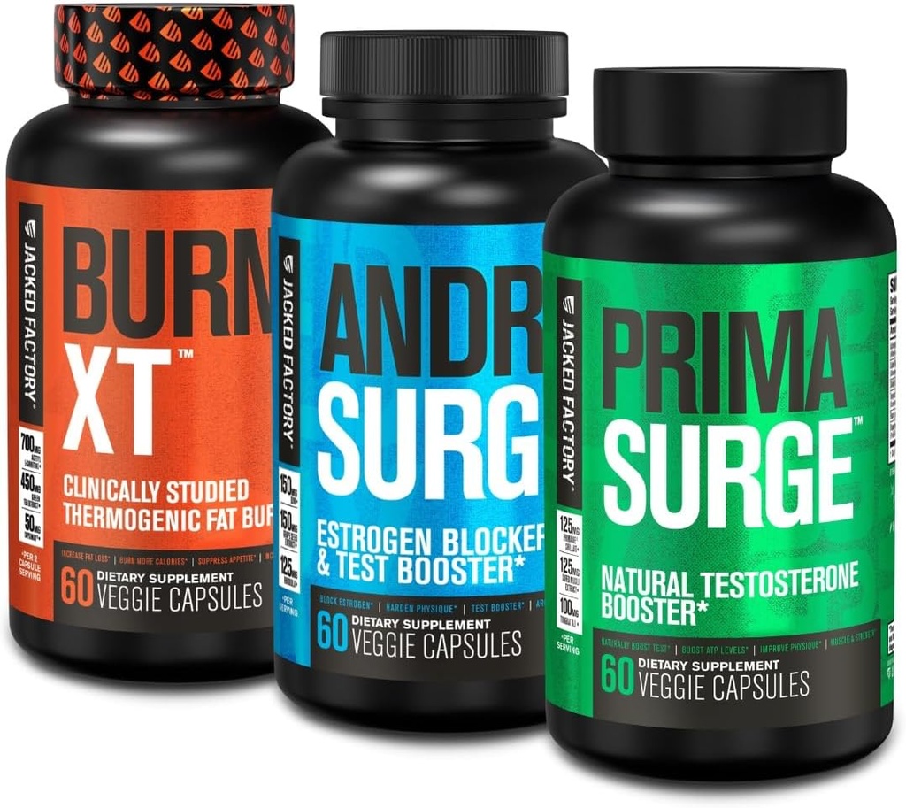 Jacked Factory Androsurge Estrogen Blocker for Men + Primasurge Testosterone Booster for Men + Burn XT Burn-XT Thermogenic Fat Burner - Appetite Suppressant for Weight Loss