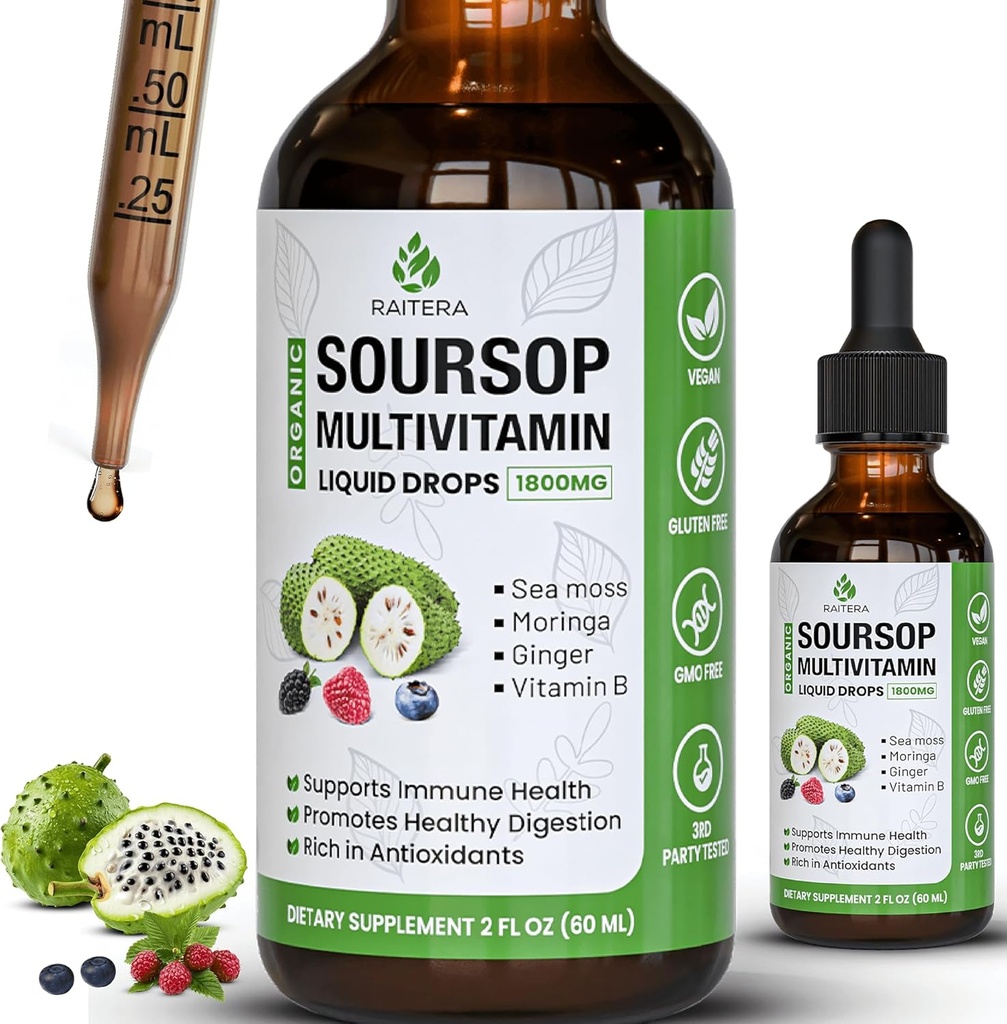 Sursop Graviola gouttes liquides multivitamines 1800mg, Bitters de sourcils organiques liquide, mélange antioxydant mousse de mer, vitamine B6, C, D3, extrait de feuille pure, soutien immunitaire, 98% Absorption, végétalien, 2 fl oz