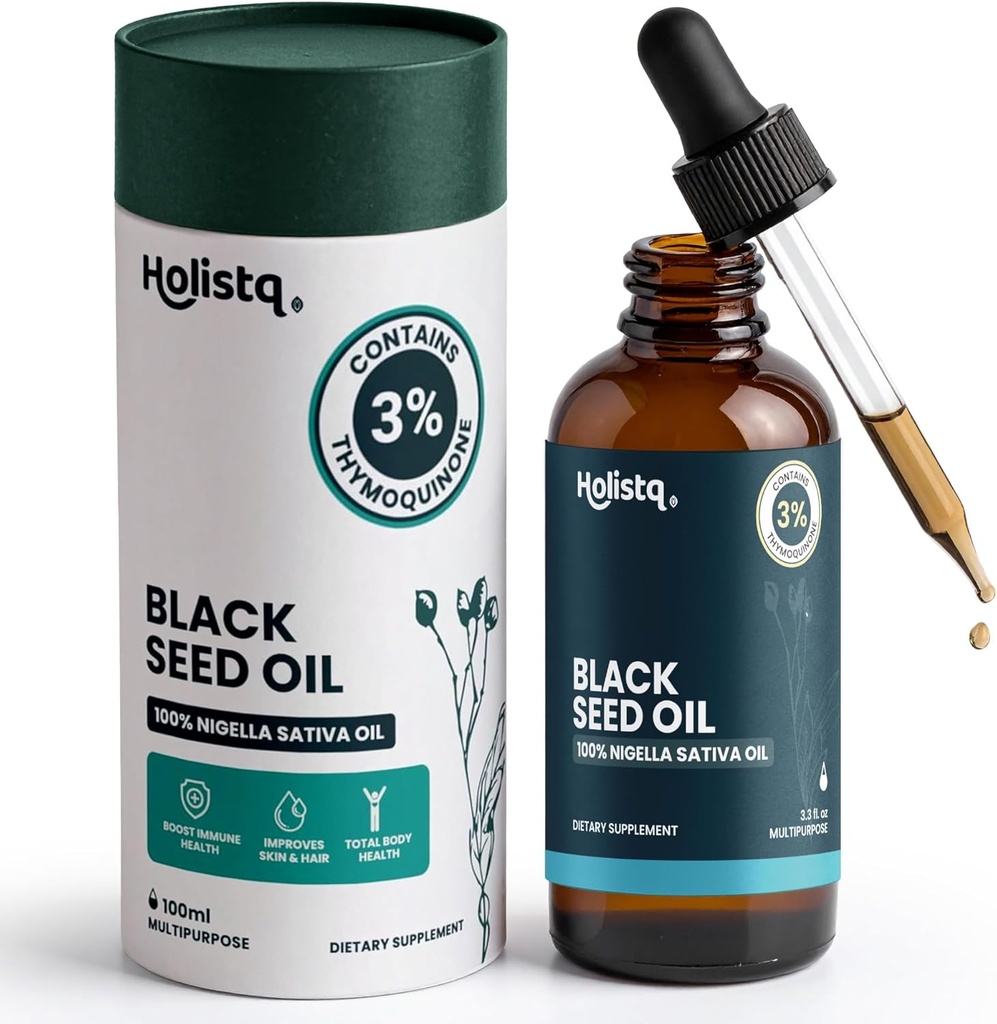 Holistiq Huile de graines noires gouttes pressées à froid biologique de 3 % de thymoquinone, non-OGM et végétalien de l'huile de Nigella de cumin noir pressé à froid pour le soutien immunitaire, Aceite de Comino Negro - gouttes, 100 mL