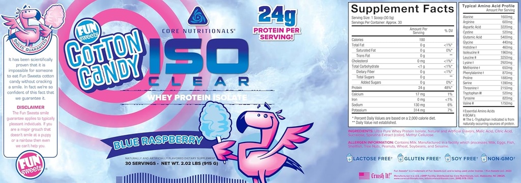 Core Nutritionals Iso Clear Whey Protein Isolate | Low Calorie, Carb, & Fat | Lactose Free & Easy to Digest | 24g Protein, Zero Sugar | 2 Pound (Fun Sweets Blue Raspberry)