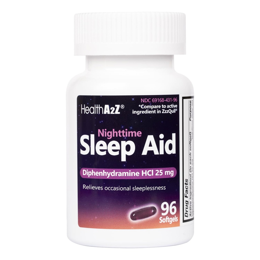 HealthA2Z Aide au sommeil, Diphenhydramine HCl 25mg Softgels, supporte plus profond, repos dormant, non Habit-forming (96 Softgels)