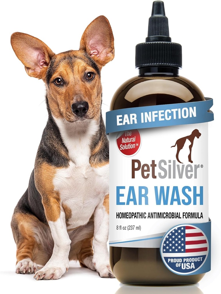 PetSilver Dog Ear Cleaner Solution – Laver l'oreille douce pour les chiens et les chats avec argent chélaté – Otic Rinse Formula Targets Wax Buildup, Smelly Odor, et zones démangeaisons ou irritées - Fabriqué aux États-Unis - 8 fl oz