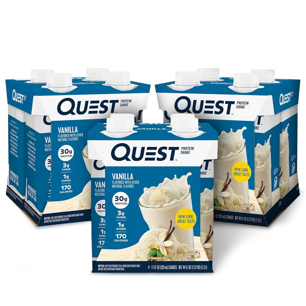 Quest Nutrition Prête à boire Vanilla Protein Shake, 30g Protein, 3g Net Carbs, sans gluten, Keto Friendly, 11 fl.oz 4 Compte (paquet de 3)