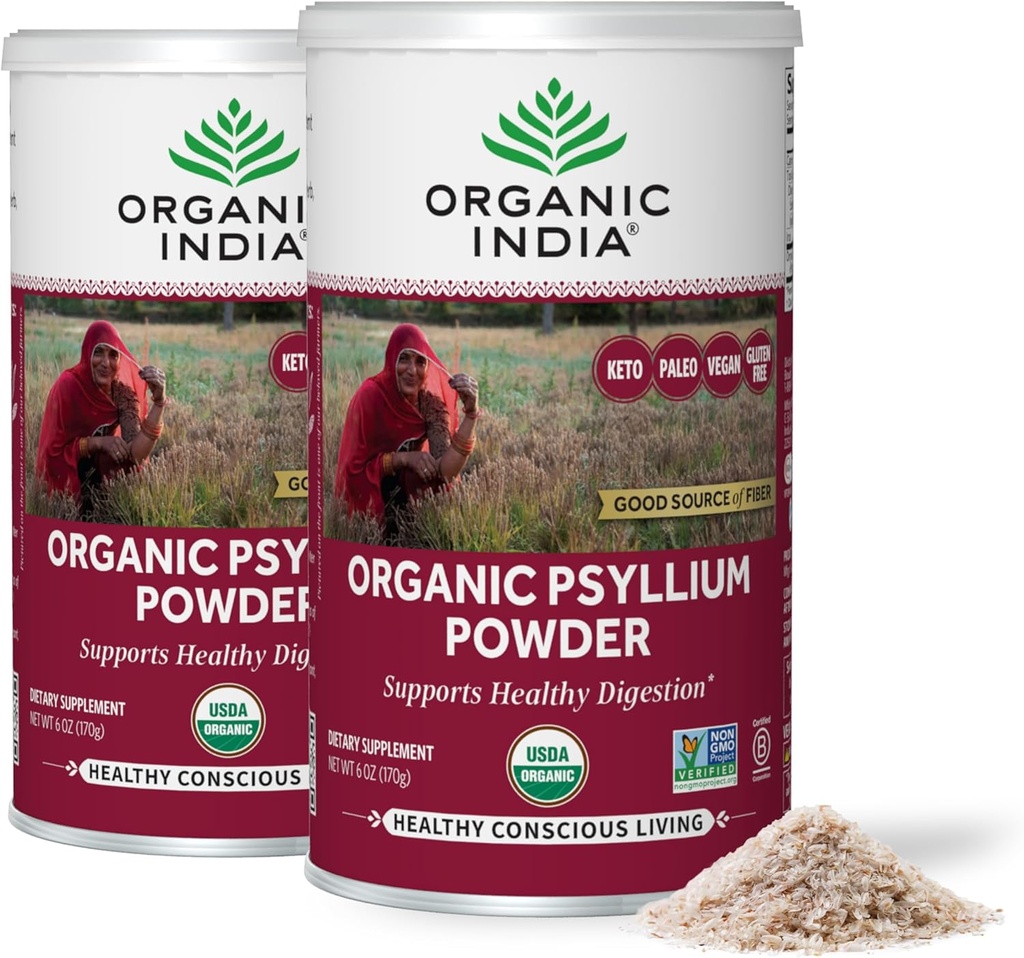 INDE ORGANIQUE Poudre de Psyllium Organique - Supplément de Psyllium à grains fins, Support de digestion, Vegan, Sans gluten, Non-OGM, Source de fibre - 6 oz (paquet de 2)