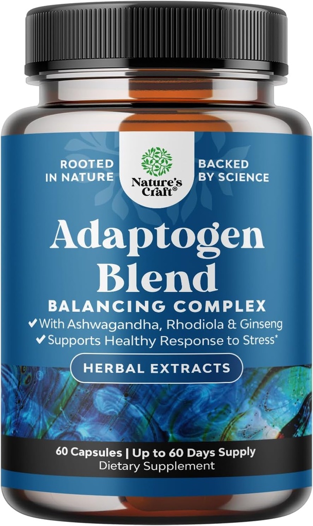 Supplément de support Adaptogène à base de plantes - Supplément Adaptogène calmant pour la gestion du stress et du cortisol avec Ashwagandha Rhodiola Rosea & Maca Root - Vegan Non OGM & Daytime Friendly - 60ct