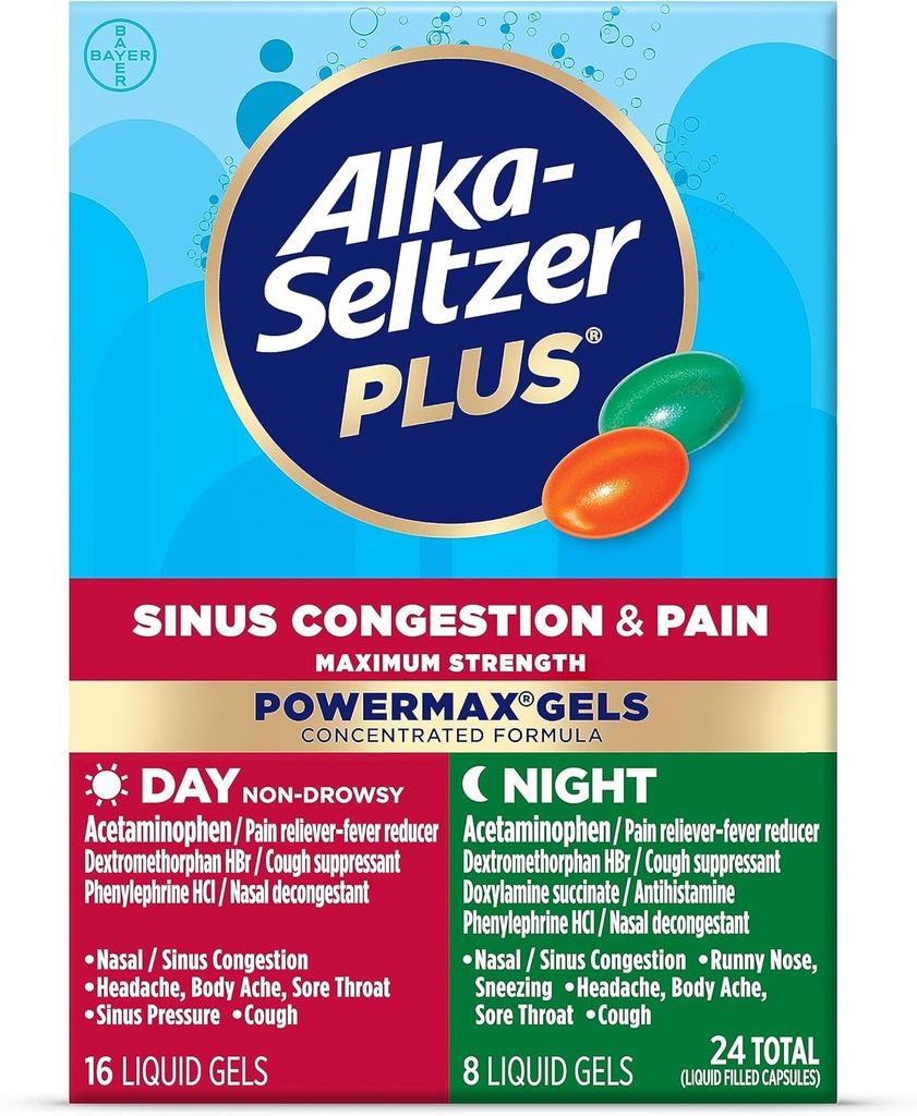Alka-Seltzer Plus Puissance maximaleMax Sinus Congestion & Pain Médecine, Jour + Gels liquides de nuit - Un soulagement puissant pour le froid et la grippe, + Congestion de Sinus pour les adultes et les enfants 12+ Années, 24 Nombre