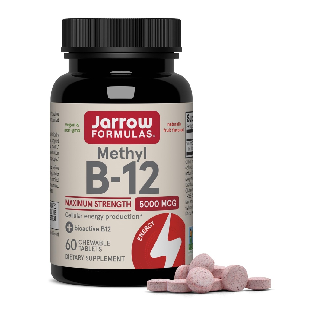 Formules de Jarrow Méthyl B-12 5000 mcg - 60 comprimés à croquer, cerise - vitamine bioactive B12 - soutient la production d'énergie, la santé cérébrale et le métabolisme - sans gluten - 60 portions