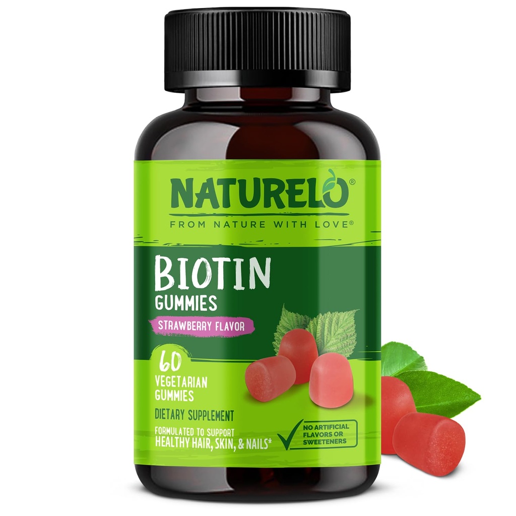 NATURELO Biotin Gummies - Soutient les cheveux, la peau et les ongles sains - Haute puissance 2500 mcg - Non OGM, sans gluten - 60 Gummies