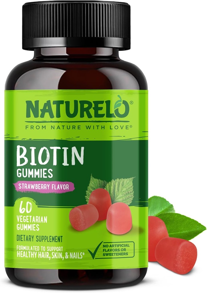 NATURELO Biotin Gummies - Soutient les cheveux, la peau et les ongles sains - Haute puissance 2500 mcg - Non OGM, sans gluten - 60 Gummies