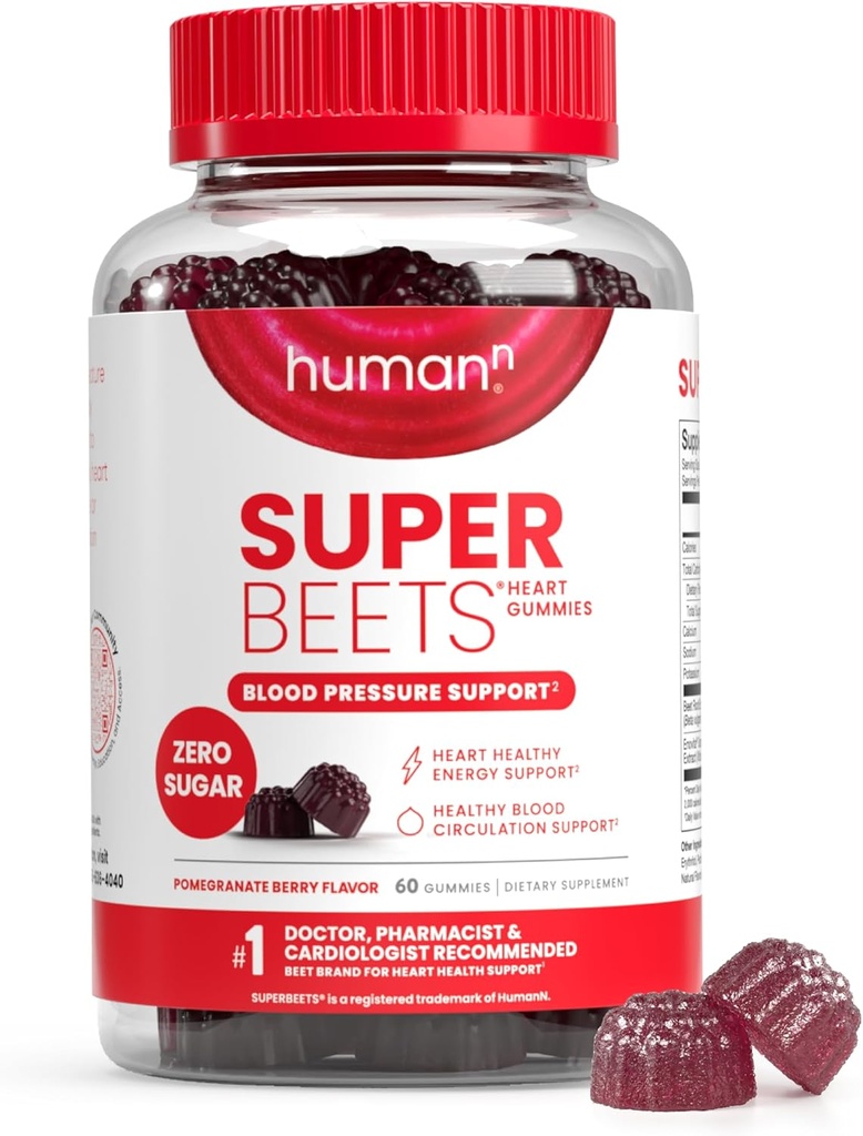 Gommies de coeur de SuperBeets HumanN - Gommy de betterave avec soutien énergétique, extrait de graines de raisin et poudre de betterave, sans sucre - Flamand de baie de grenade, 60 comte