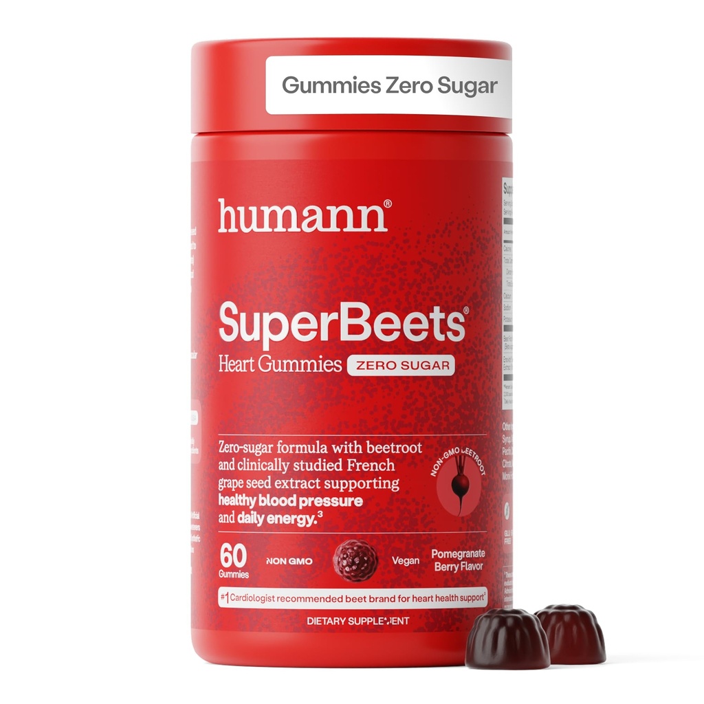 Gommies de coeur de SuperBeets HumanN - Gommy de betterave avec soutien énergétique, extrait de graines de raisin et poudre de betterave, sans sucre - Flamand de baie de grenade, 60 comte