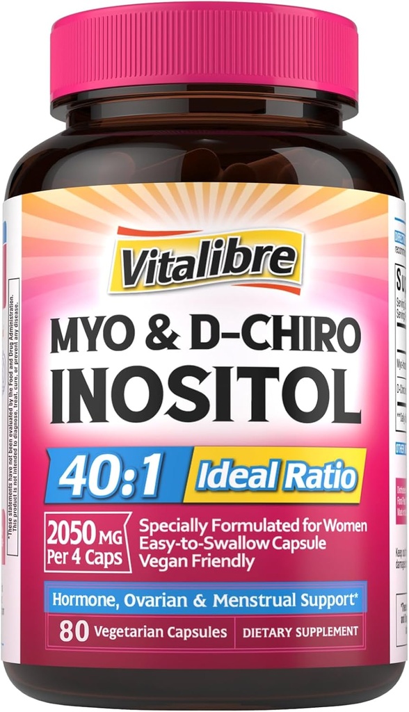 Supplément Inositol, Myo-Inositol et D-Chiro Suppléments de fertilité Inositol pour les femmes, 40:1 Rapport idéal, équilibre hormonal et soutien ovarien, 80 capsules véganes