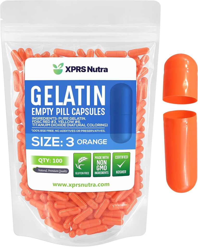 XPRS Nutra Taille 3 Capsules vides - 100 Compte Capsules de gélatine vides - Pills Bricolage Capsule Remplissage - Pure Pilule de Gel de Pilule pour Do-It-Youlf Vitamines et Suppléments (Orange)