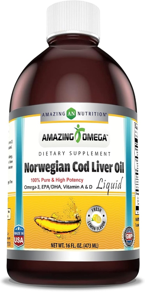 Amazing Omega Norwegian Cod Liver Oil 16 Oz 473 ml Supplement Lemon Flavor.
