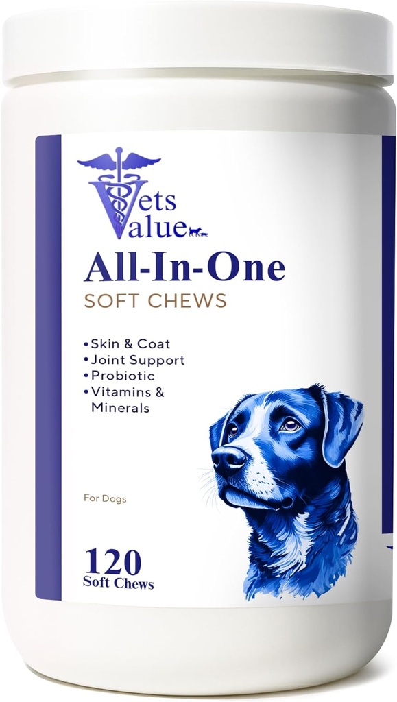 Chews multivitamines de chien (120 Chews mous) - Vitamines tout-en-un pour les chiens de tous âges, tailles et races.