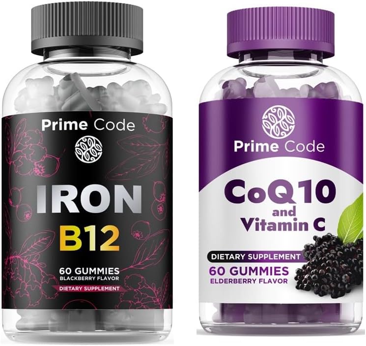 Code Prime Gommies de fer pour les femmes et les hommes avec vitamine B12, [2 sur 1] CoQ10 200mg et vitamine C 250mg Gommies
