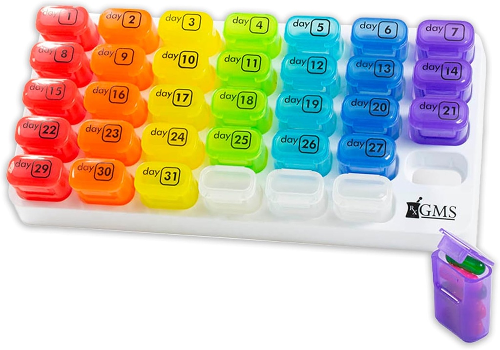 Organisateur mensuel de pilules - Pilules de 31 jours pour suppléments, vitamines et médicaments - Idéal pour une utilisation quotidienne et des voyages - Rainbow