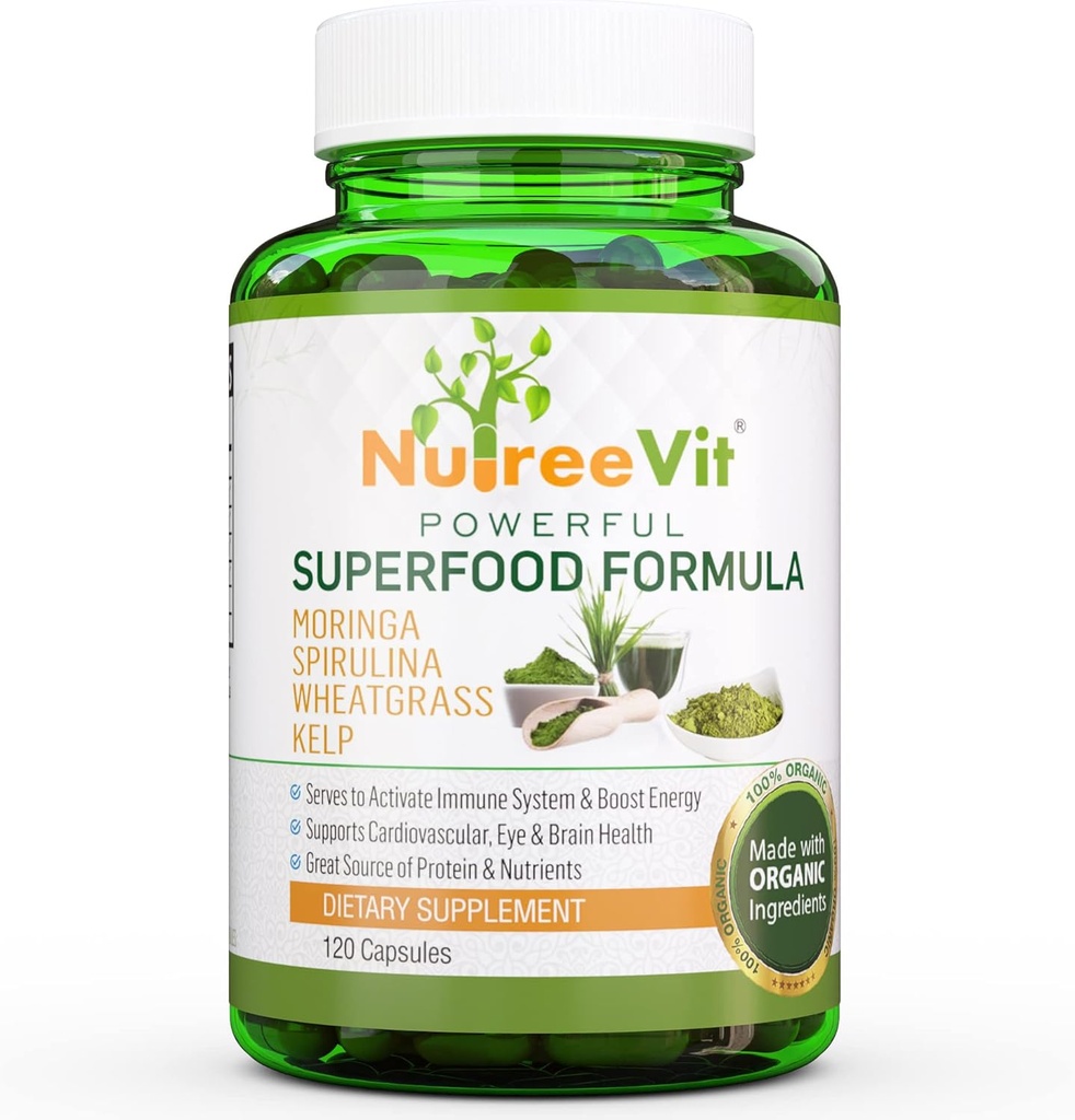 NutreeVit 100% bio puissant Superfood Formule - Système immunitaire pilules de rappel d'énergie avec Moringa, Spiruline, Wheatgrass, et Kelp - 240 bouteille de comptage
