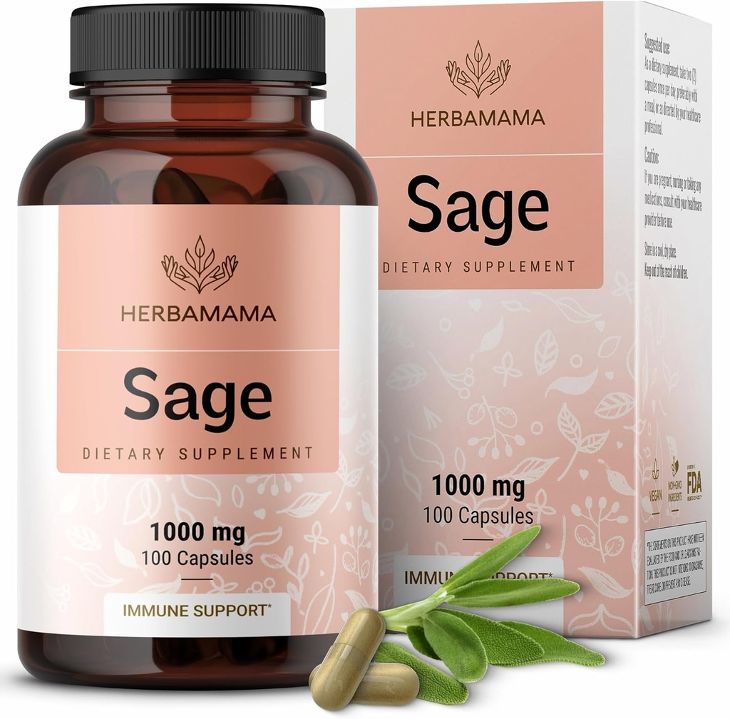 HerbAMAMA Capsules de Sage - 1000mg Support naturel digestif et immunitaire - Feuilles de Sage pour la clarté cérébrale – Vegan, Non-OGM Salvia Officinalis Supplément antioxydant