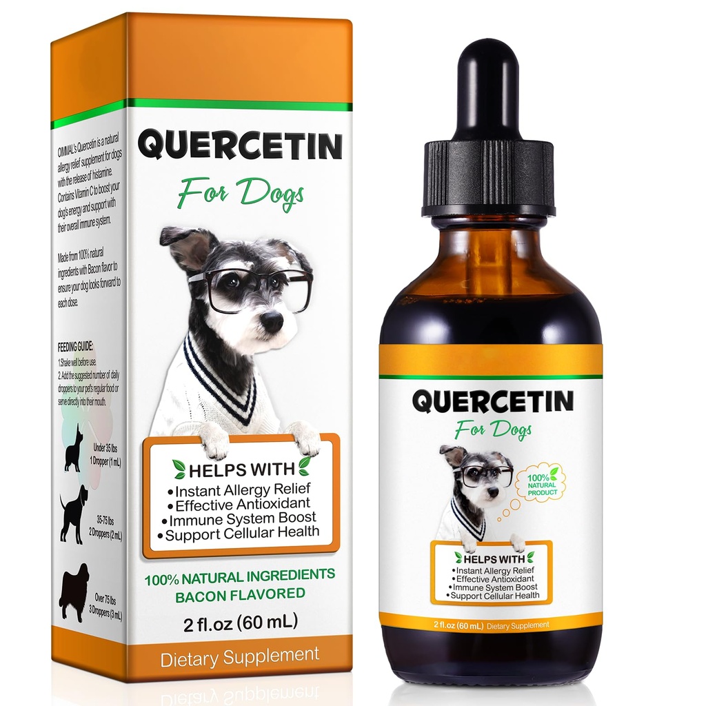 Quercetin pour chiens, gouttes liquides Quercetin pour chiens, complément à base de plantes Quercetin pour chiens, soulagement de l'allergie, santé cellulaire, amélioration immunitaire, antioxydant -60 ml