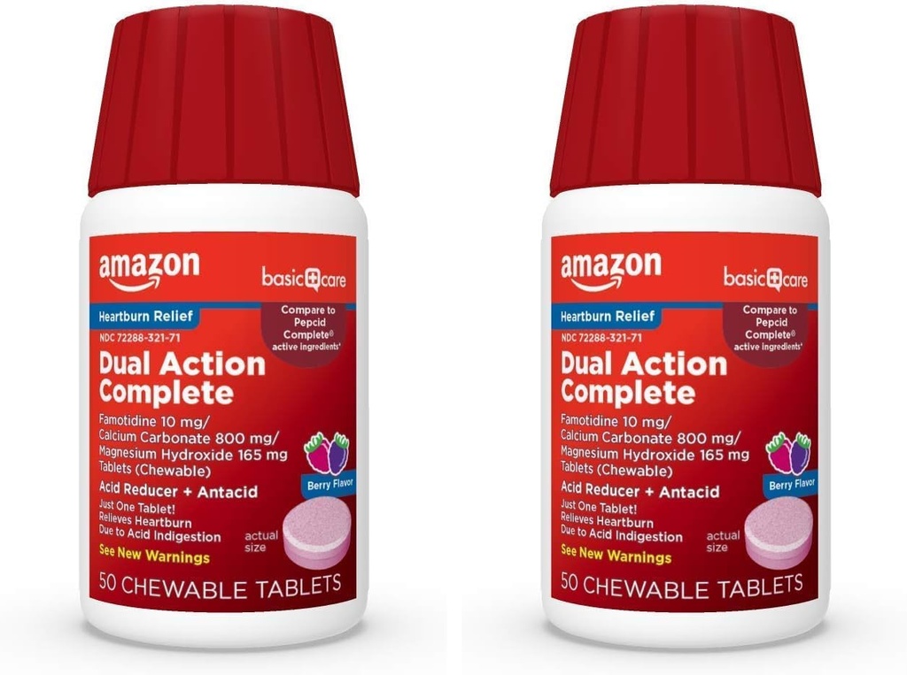 Soins de base Dual Action Complete, Réducteur d'acides chirurgicaux plus Comprimés antiacides, Berry Flavor, Heartburn Medicine, Acid Indigestion Relief, 50 Compte (paquet de 2)