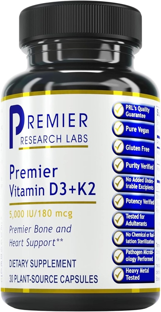 Premier Laboratoires de recherche : Suppléments Vitamine D3 + K2 - pour soutenir les os et favorise la santé cardiaque, sans gluten - 5000 UI de supplément végétalien - Qualité testée