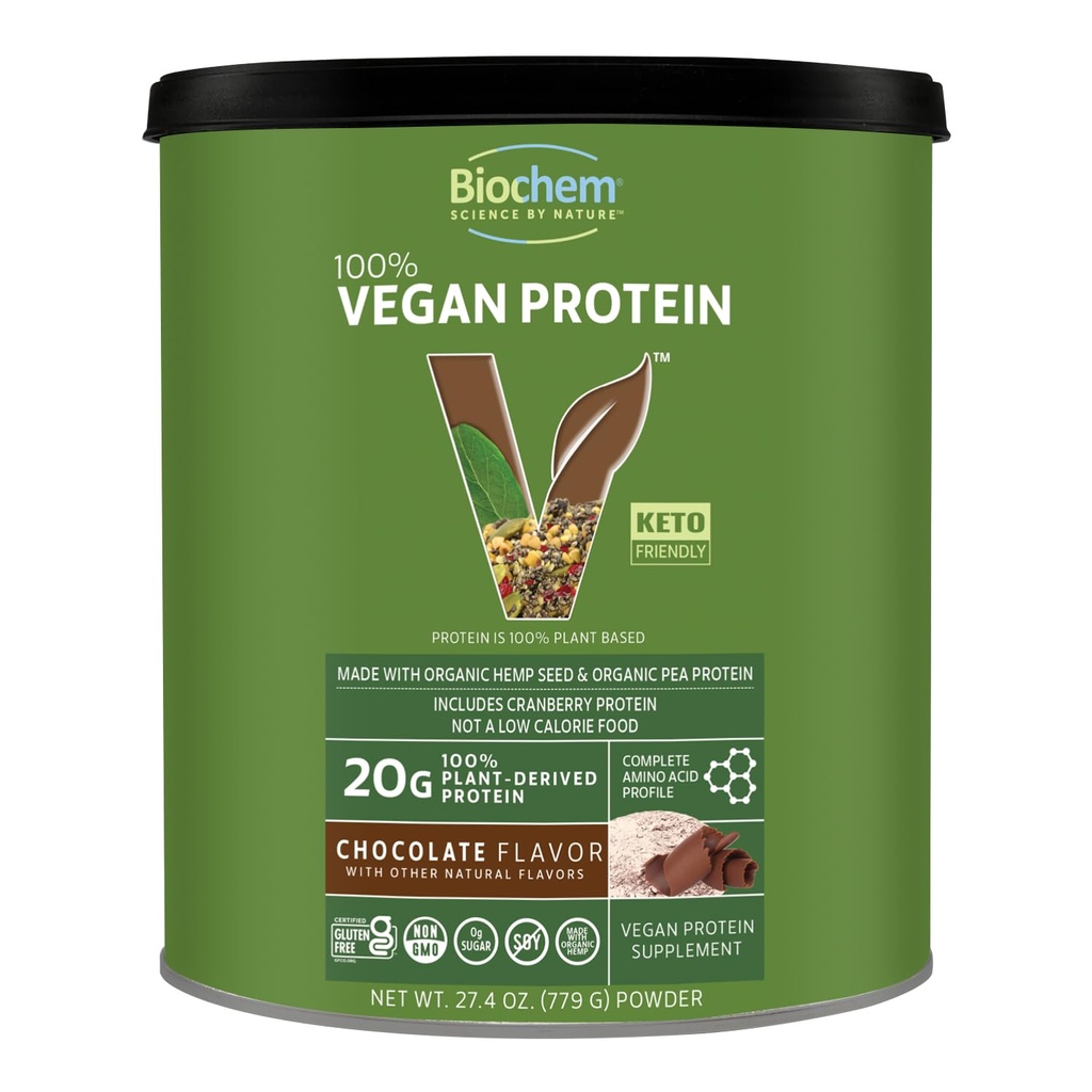 Biochem Protéine 100% végétalienne, Acides aminés naturels, sans gluten, kéto, poudre de protéines non de lactosérum, pois et chanvre pour les femmes et les hommes, 24 portions 2 LB (chocolat)
