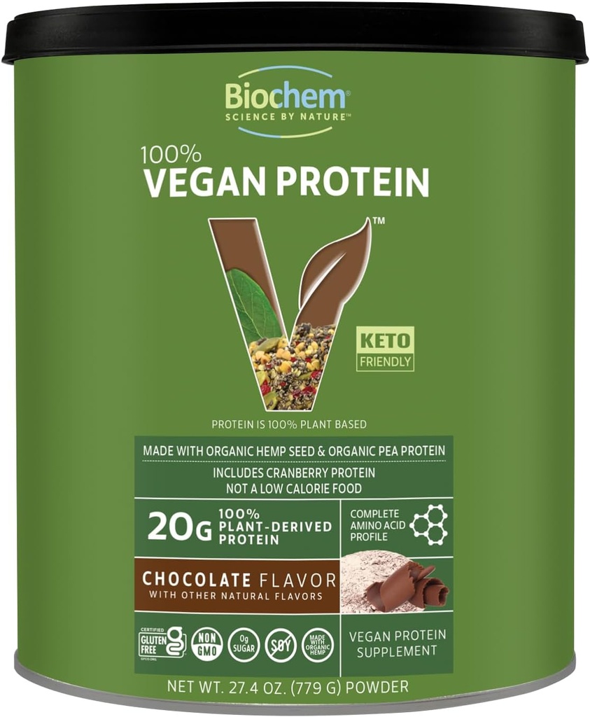Biochem Protéine 100% végétalienne, Acides aminés naturels, sans gluten, kéto, poudre de protéines non de lactosérum, pois et chanvre pour les femmes et les hommes, 24 portions 2 LB (chocolat)