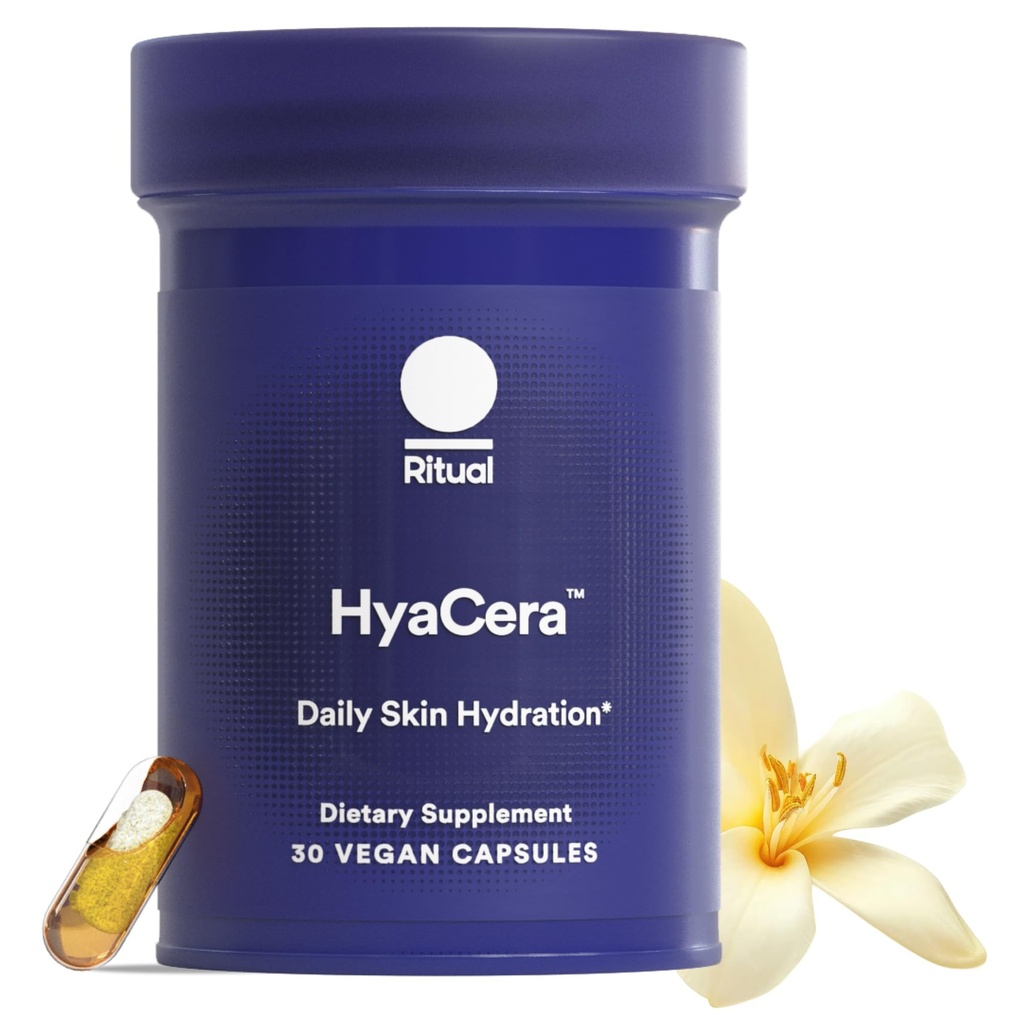Ritual HyaCera Skin Supplément pour le soutien des rides, avec Hyabest® et Ceratiq® pour le soutien de l'hydratation de la peau, acide hyaluronique, glycolipides, céramides, sans gluten, sans OGM, essence de vanille, 30 jours d'approvisionnement