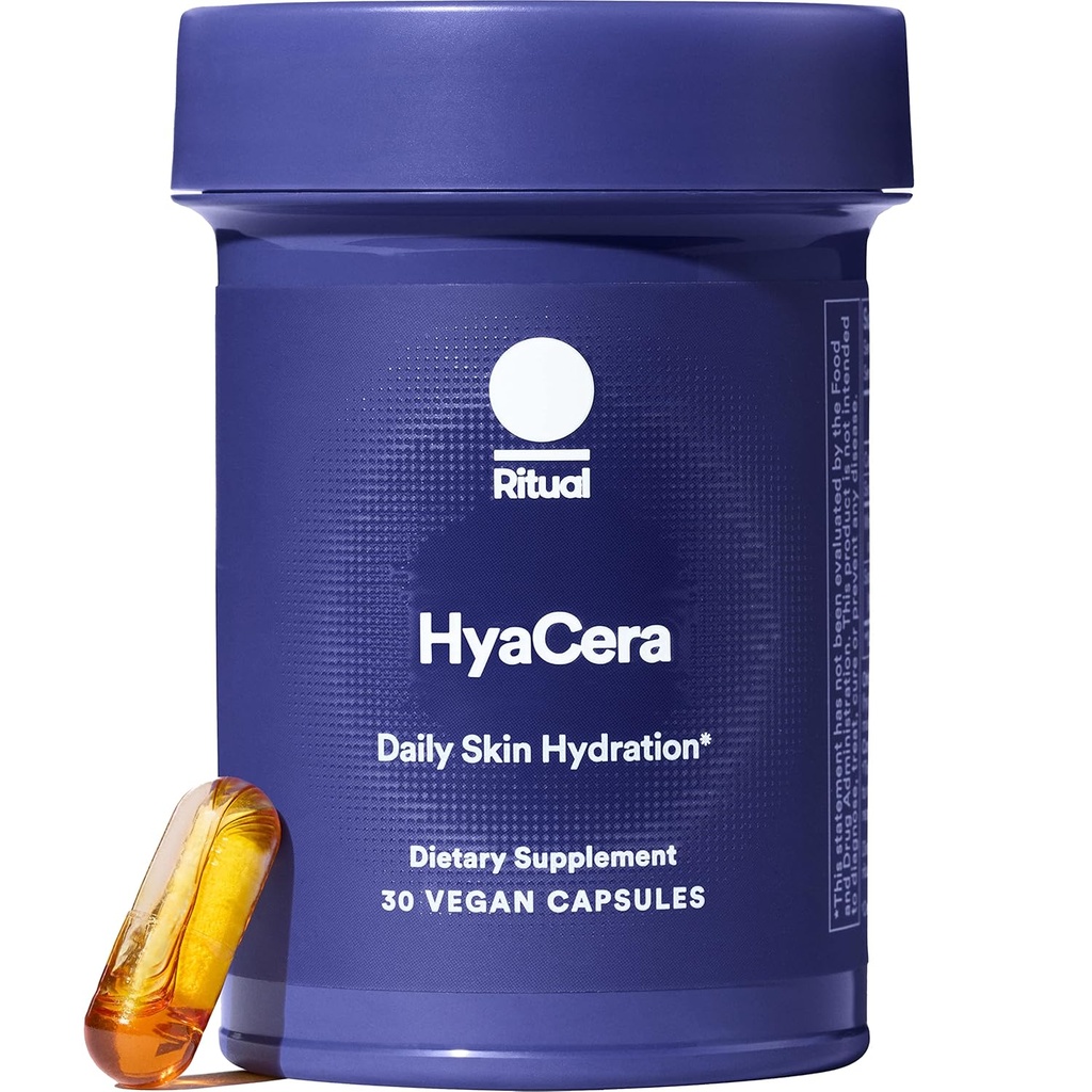 Ritual HyaCera Skin Supplément pour le soutien des rides, avec Hyabest® et Ceratiq® pour le soutien de l'hydratation de la peau, acide hyaluronique, glycolipides, céramides, sans gluten, sans OGM, essence de vanille, 30 jours d'approvisionnement