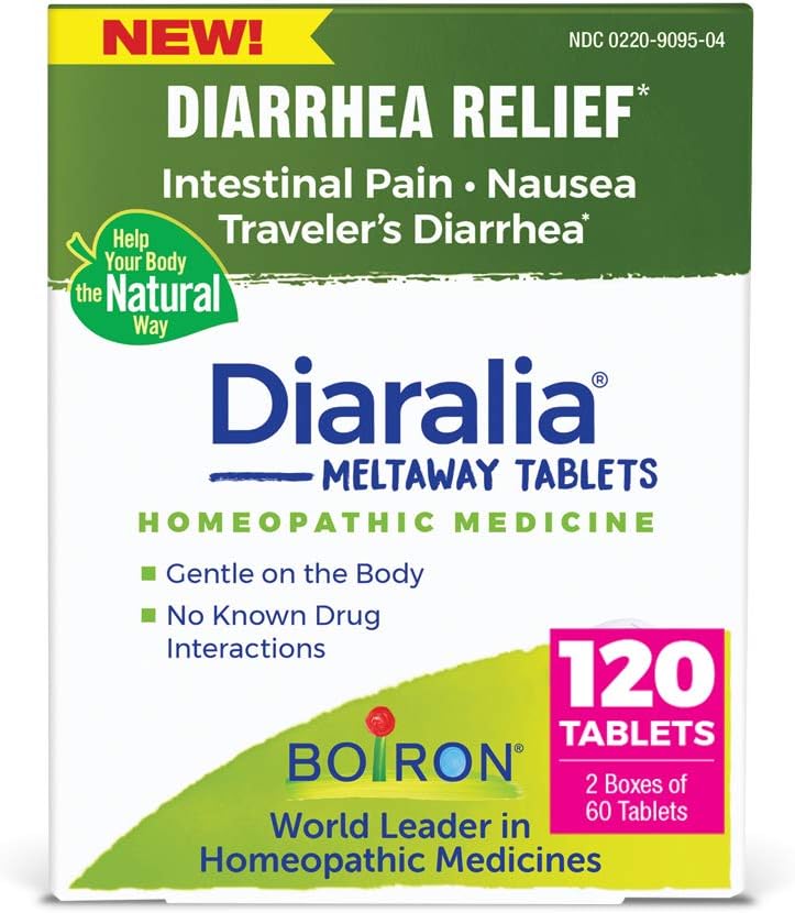 Boiron Diaralia Tablets for Diarrhea Relief, Gas, Bloating, Intestinal Pain, and Travler's Diarrhea - 120 Count (2 Pack of 60)