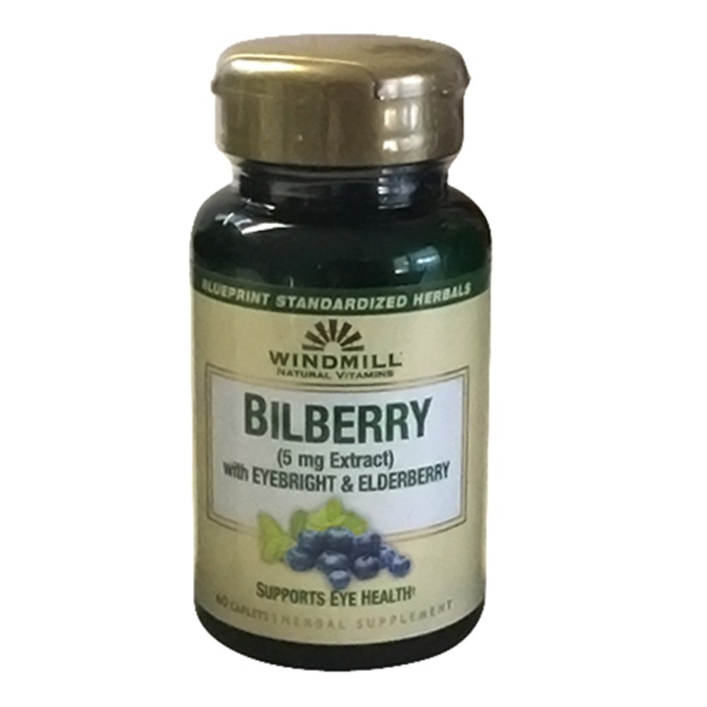 Moulin à vent Bilberry 5 mg Caplets d'extrait, avec des yeux et des baies d'eau soutient la santé des yeux, 60 Ea